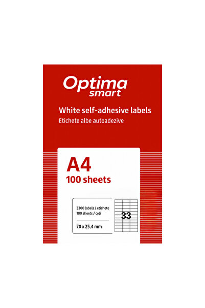 Optima Self-Adhesive White Labels 33/A4, 70 X 25.4 Mm, 100 Sheets/Pack, Smart...