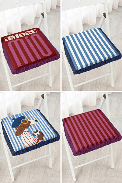 Realhomes Amore Mio Written Dog Figure Blue and White Striped 4-Piece Fringed...