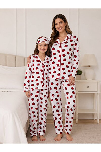 Pajama Shop Mother-Daughter White Strawberry Patterned Winter Shirt Collar Bu...