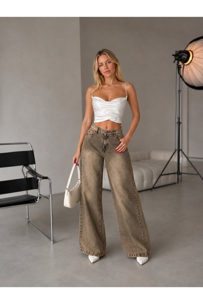 SHEVEGA Mamaliga Kahverengi Tint Yıkama Bol Paça Salaş Wide Leg Jean