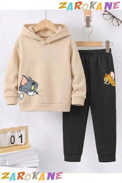 ZAROKANE Cat-Mouse Printed Winter Children's Hooded Cotton Insulated Tracksui...