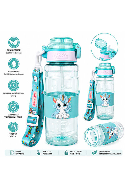 Miro Toys Çocuk Pipetli Tritan Matara 600 ml Unicorn Desenli Motivasyon Ölçek...