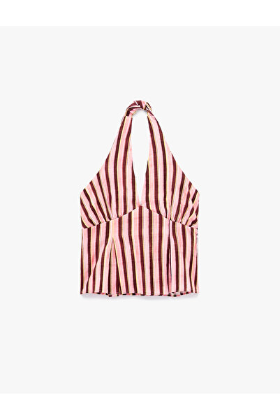 Koton Slim Fit Viscose Halter Neck Striped Crop Blouse