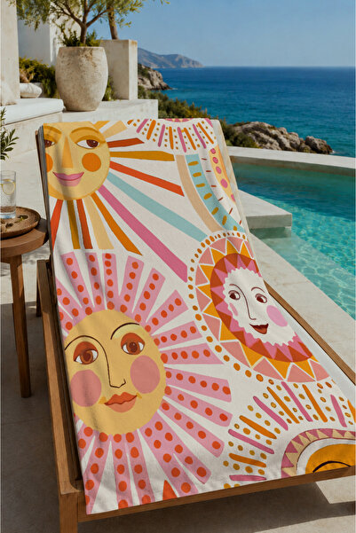 Evmila Yellow Orange Retro Sun Faces Patterned 70X150 Beach Towel - Cotton Ba...