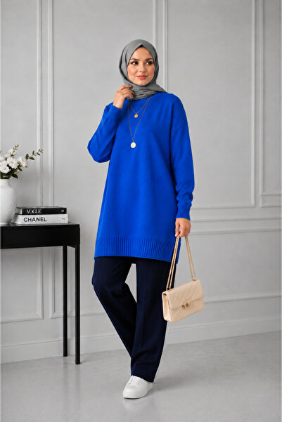 KAREL BUTİK Saks Blue Crew Neck Oversize Women's Sweater Tunic