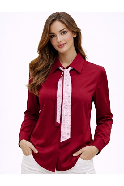 Te&Te Women's Burgundy Satin Shirt with Scarf