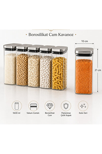 Karçiçeği Home 12'li 1600 ml Kare Borosilikat Cam Kavanoz Seti – Vakumlu Çelik Kapaklı - 8470-1