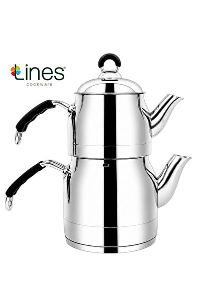 Lines Ayperi Paslanmaz Çelik Çaydanlık Seti Silikon Kulp 1 Litre Demlik 2 Lit...