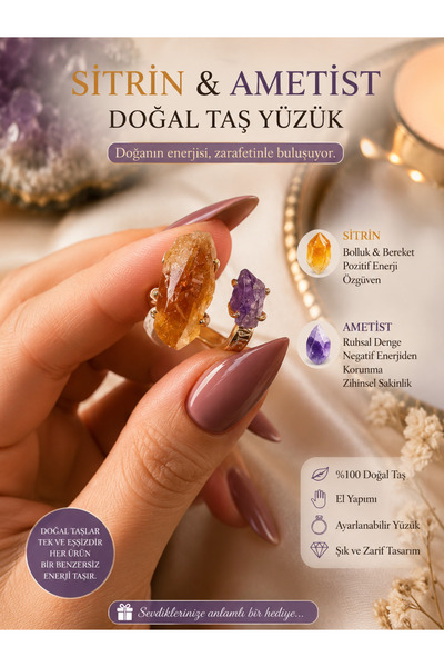 The Magıc of Healıng Adjustable Women's Ring with Amethyst & Citrine Natural ...