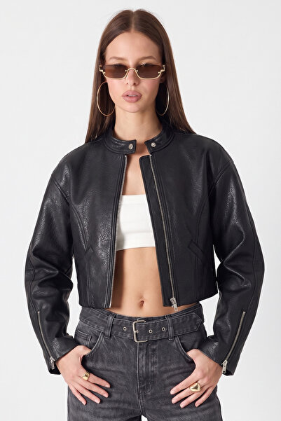 Jaglion Women's Biker Crop High Collar Zippered Black Leather Jacket