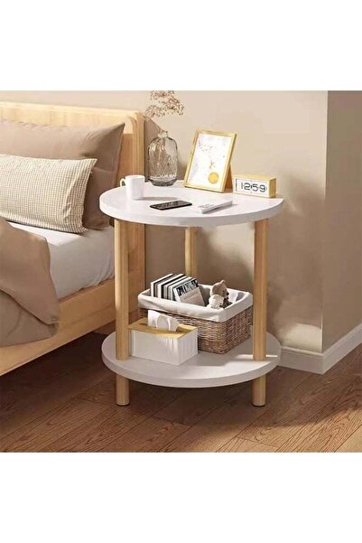 DubaiGallery White Round 2-Tier End Table with Wooden Legs