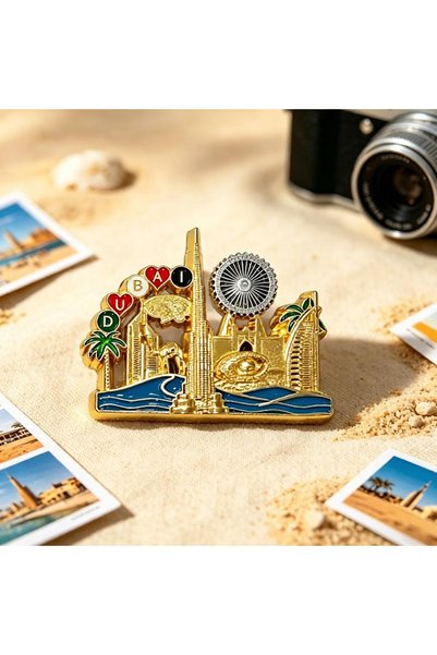 ARIANA Dubai UAE souvenir fridge magnet, durable metal enamel with Burj Khalifa, Palm Jumeirah, camel. 3D relief D U B A I lettering. Perfect travel memory for home kitchen decor & gifting.