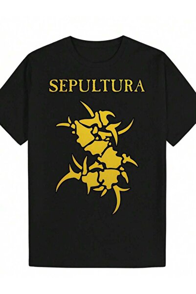 9JY تي شيرت رجالي بطبعة Sepultura - أسود مع تصميم تجريدي أصفر جريء، قميص ناعم...