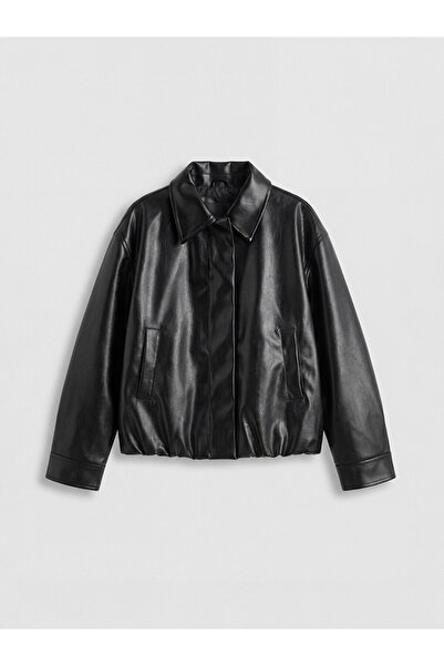 LC Waikiki Black Leather Look Girl's Coat