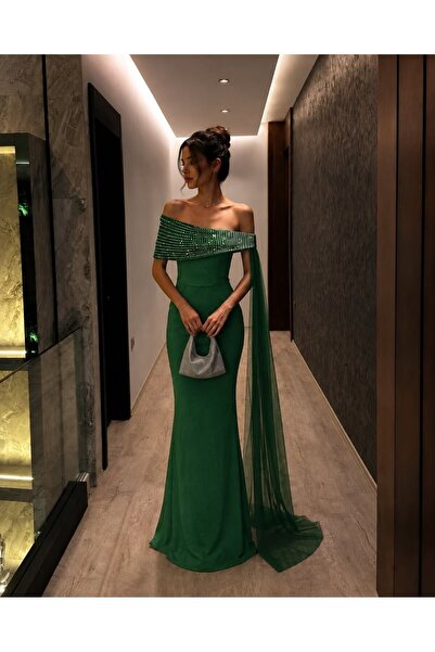 Modafeminen Scuba Flexible Fabric Degaje Collar Stone Chiffon Detailed Evenin...