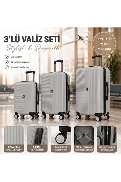 miraç kozmetik 3'lü valiz seti kabin +orta+ büyük boy dayanıklı seyehat valizi