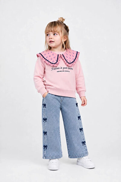 Minigimin Cicileri Ruffle Collar Detailed Bow Embroidered Jean Girls' Set - S...