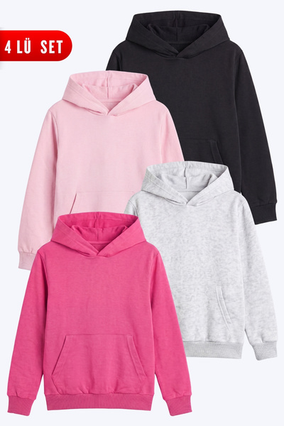 FYK KİDS Unisex Kids 4-Piece Basic Plain Kangaroo Pocket Hooded Sweatshirt