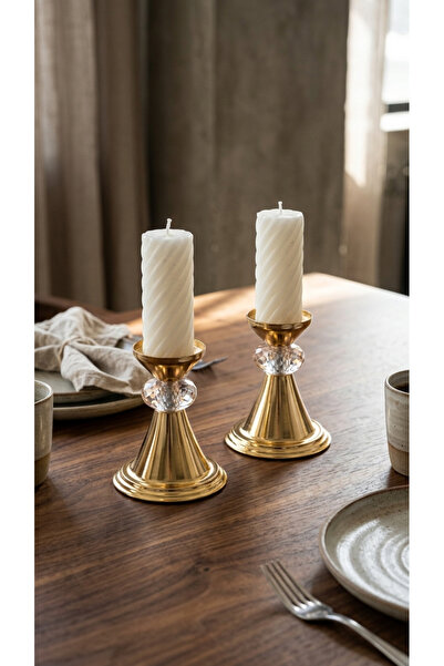 Decodelight Konik Gold Ayaklı Cam Taşlı İkili Mumuk Modelleri