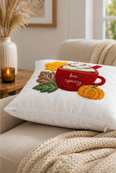 Pilloveland Punch Nakışlı Kırlent Kılıfı - 43*43 Cm - Pumpkin Spice Latte - PNK001