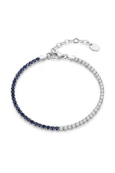 FRNCH 925 Ayar Gümüş 2MM Zirkon Taşlı Lacivert Renk Tennis Erkek Bileklik FRM...