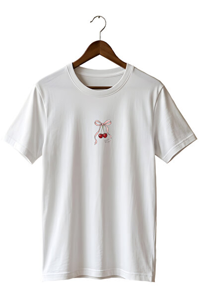 remonz Minimal Cherry and Bow Print Unisex T-Shirt Cotton Crew Neck Basic T-S...