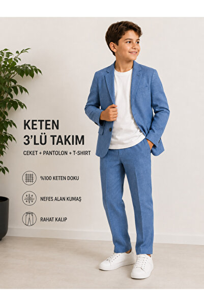 DUBAİ ÇOCUK Boy's Linen Look 3-Piece Set Jacket, Pants, T-Shirt – Stylish Spe...