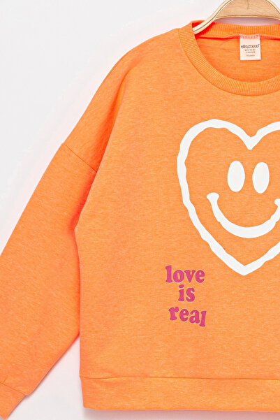 Divonette Girl's Sweatshirt Orange Long Sleeve Sweatshirt with Lettering and Heart Pattern