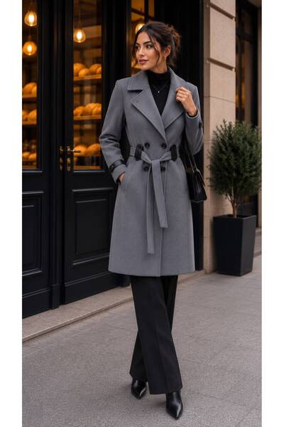 MOT Leather Detailed, Double-Breasted Buttoned, Classic Collar Long Winter Coat
