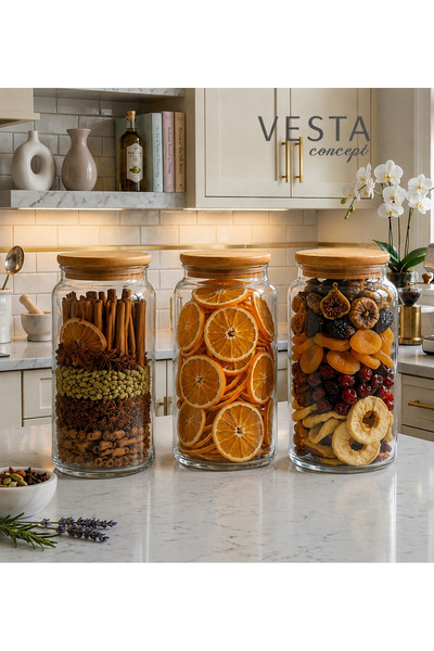 VESTA Concept 3 Adet Hava Geçirmez Doğal Bambu Kapaklı Cam Kavanoz - 3'lü Çok...