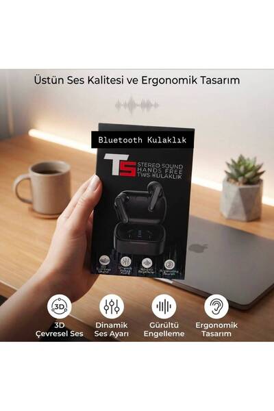 TEKNOTİMER Ergonomik Tasarım Stereo Ses Kulak İçi TWS Dijital Led Göstergeli BLUETOOTH KULAKLIK 5.2V Siyah