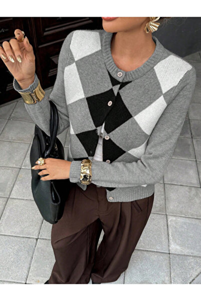 Dier Moda Women's Patterned Crew Neck Buttoned Knitwear Cardigan
