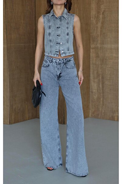 Clothes Fast Women's Anthracite High Waist Wide Leg Jean Trousers and Buttone...