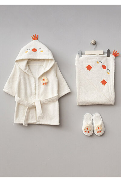 Bebitof Hooded Embroidered Baby Bathrobe Set (Bathrobe + Towel + Slippers)