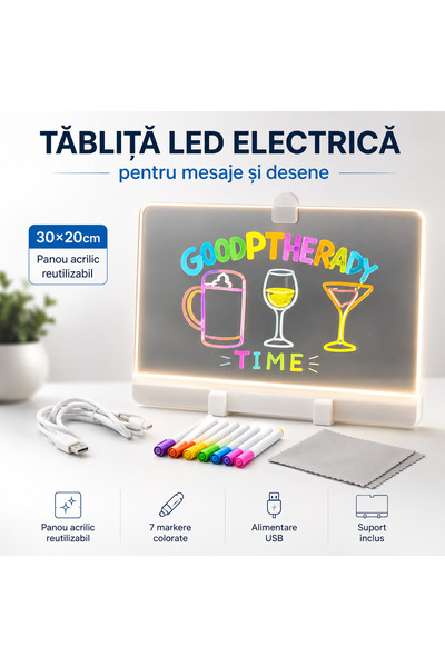 Generic Brand Акрилна LED дъска за съобщения и рисунки, 30 x 20 см, многократ...