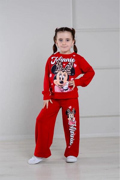 LUFFY KİDS Red Girls' Patterned 2-Yarn Wide-Leg Sweatpants Set - 2004