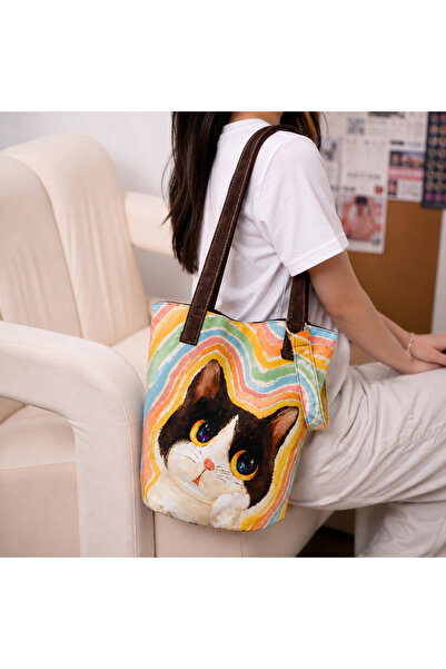 Street Bag حقيبة كتف وحقيبة يد بتصميم كوري لطيف على شكل دلو مع نمط قطة مرسومة...