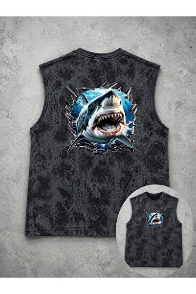 classy moda Unisex Black Washed Sleeveless Tank Top with Visual Print on the ...