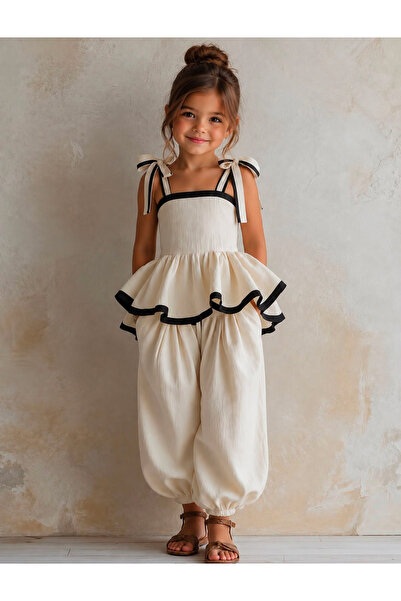RÜYA KİDS Girl's summer linen top and bottom set with black trim - stylish de...