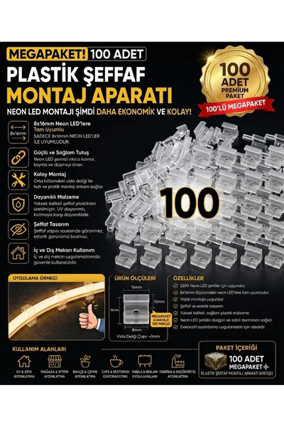 ECONA 100 ADET Neon Led Tutucu Klips 1 Vidalı Duvar Aparatı,Bağlantı Montaj A...