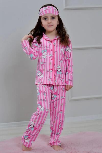 LUFFY KİDS Girl's Patterned Cotton Front Buttoned Eyelet Long Sleeve Pajama S...