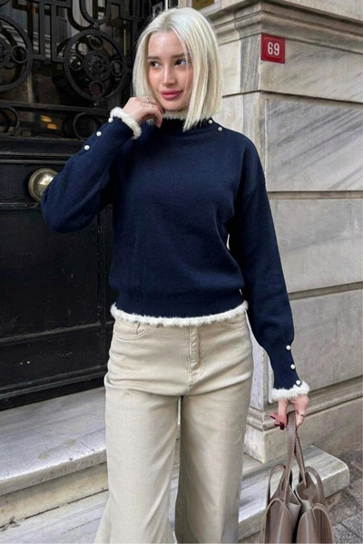 VARENZEA Women's Luxury Navy Blue Pearl Detailed Furry Turtleneck Comfortable...