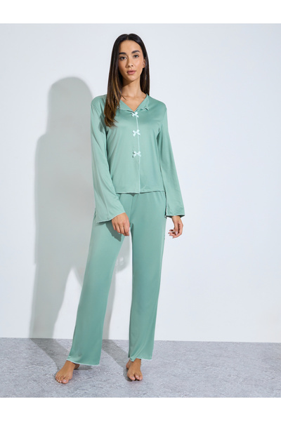 Styli Green Contrast Trims Bow Detail Blouse and Pants Pyjama Set