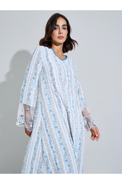 Styli Multi-Color Floral Print Long Lace Trim Sleeves A-Line Jalabias