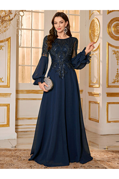 SUPGIR Navy Blue Embellished A-Line Maxi Evening Dress
