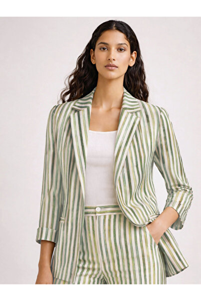 Sassafras By Styli Green Striped Open Front Blazer