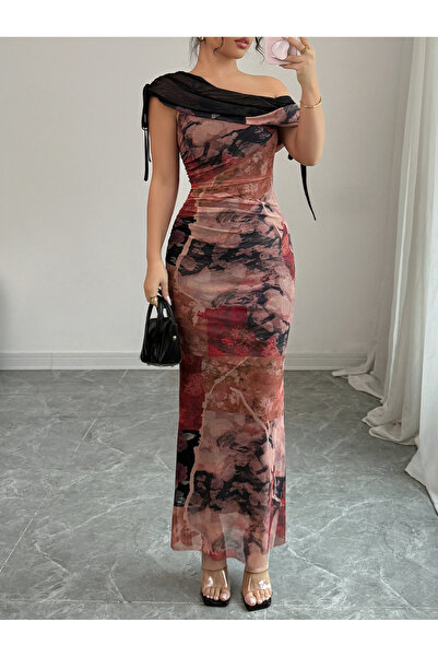 Take Two By Styli Floral Mesh Overlay Ruched Bodycon Maxi Dress
