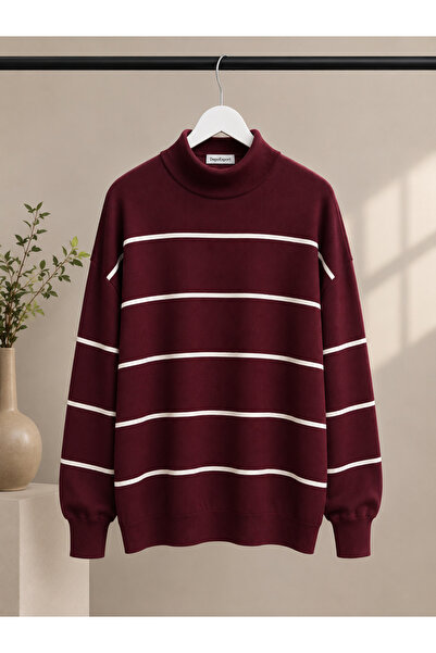 DepoExport Women's Half-Throat Striped Knitwear Sweater Oversize Loose Design