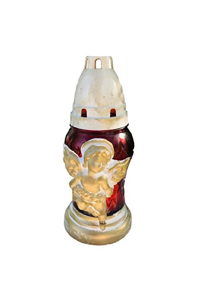 LCA Set 4 x Candela din Sticla cu Ingeras, Rosu cu Auriu, 15 Ore