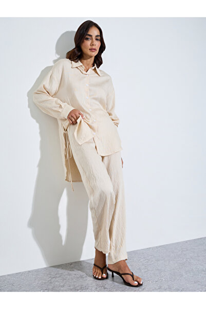 Amirah By Styli Beige Texture Oversized Longline Shirt and Pants Modest Set